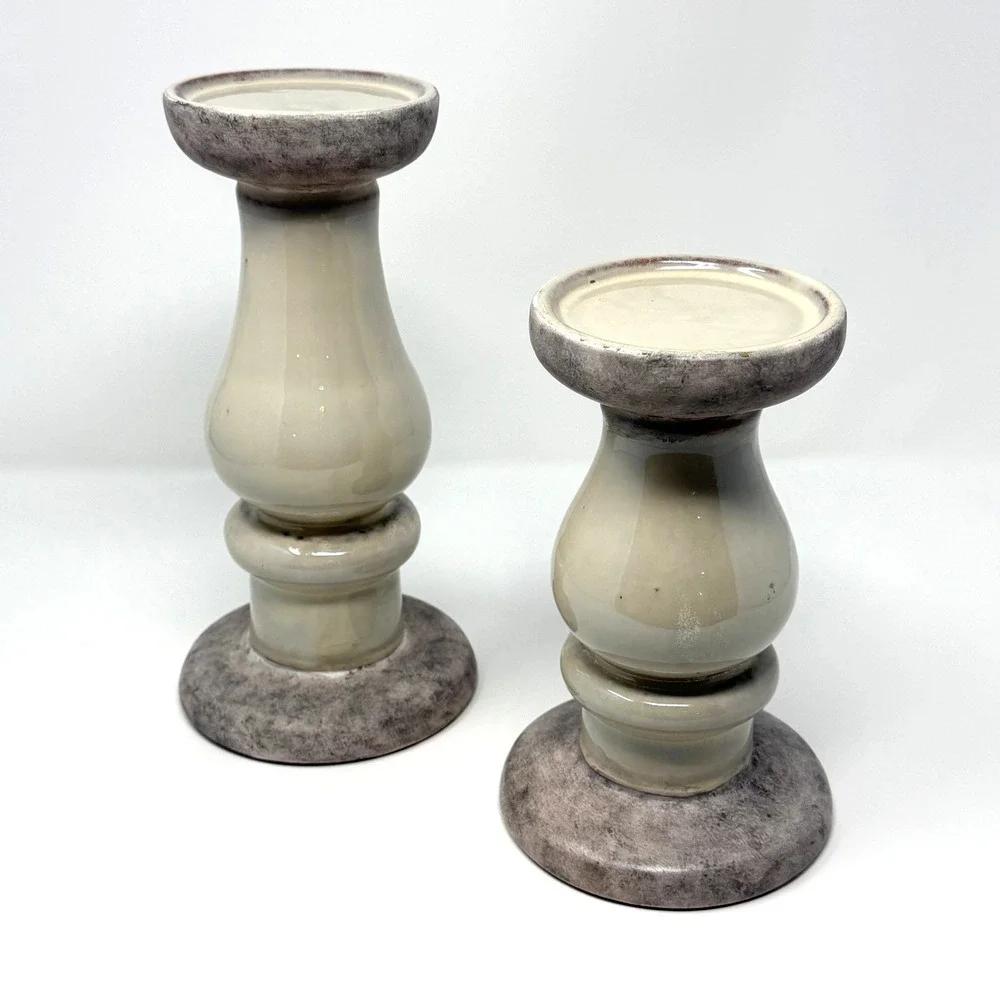 Ceramic Pillar Candle Holders Set of 2 Distressed Gray Cream